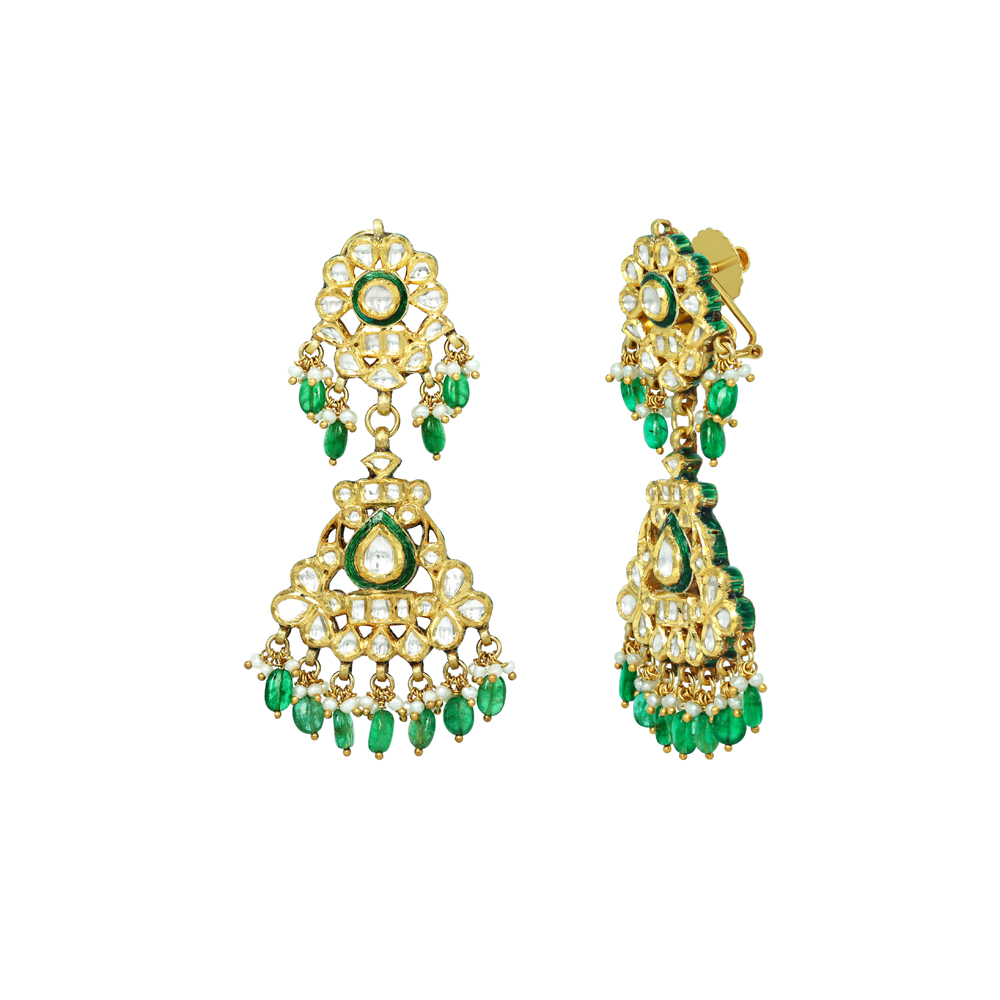 Polki Jadau Earrings with Green Meenakari and Emerald Maniya